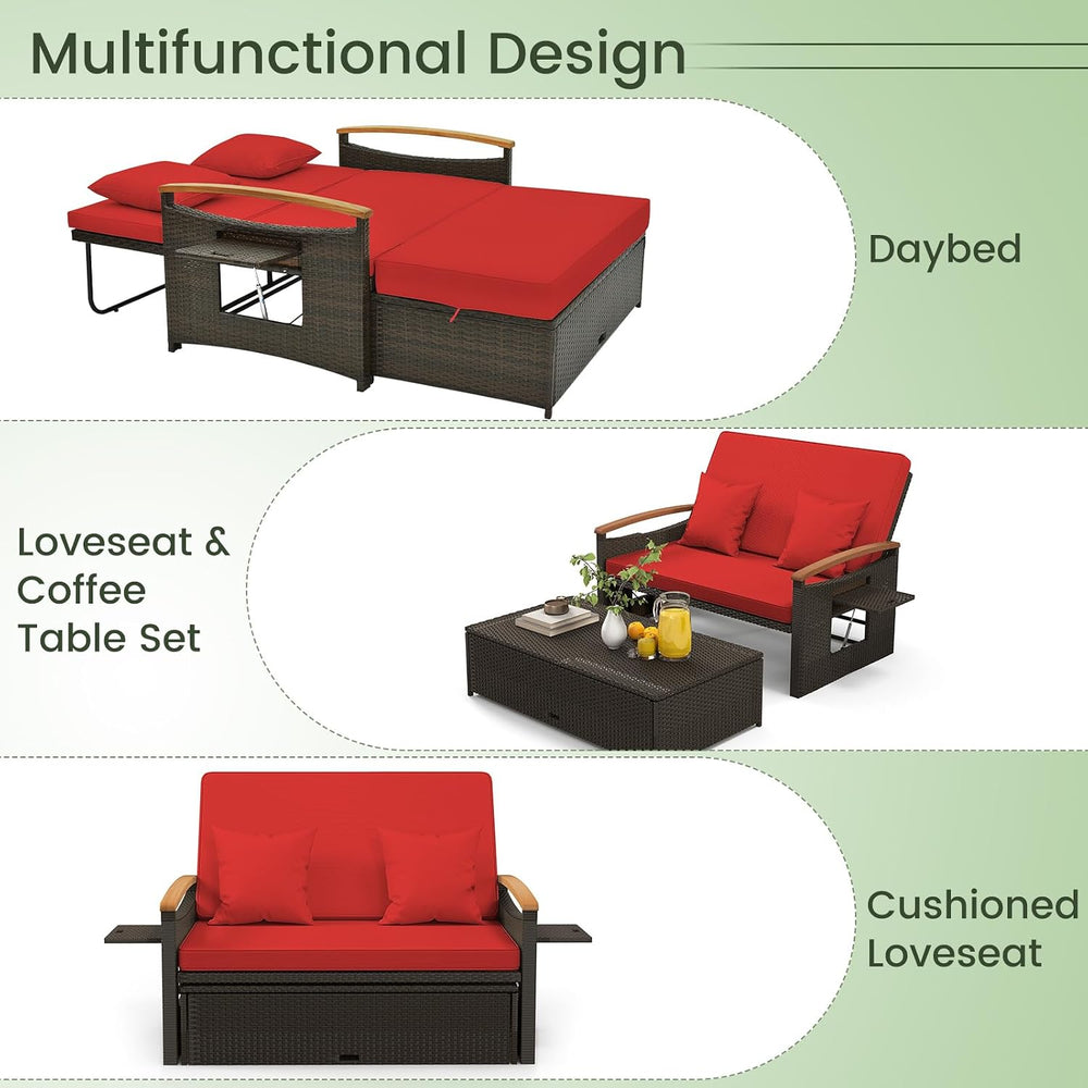 Tangkula Patio Rattan Daybed, Outdoor Wicker Loveseat, Mix Brown & Red