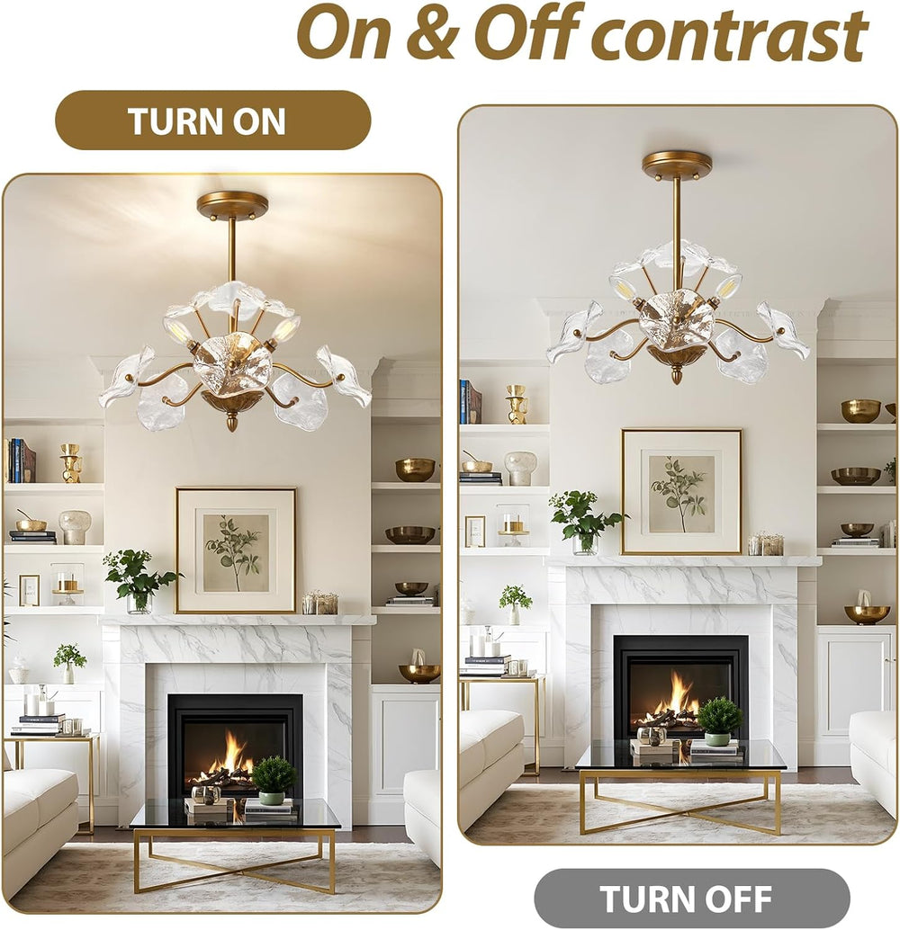 Luvkczc Modern Gold Chandelier,Vintage Brass Flower Glass Pendant Light Fixtu...