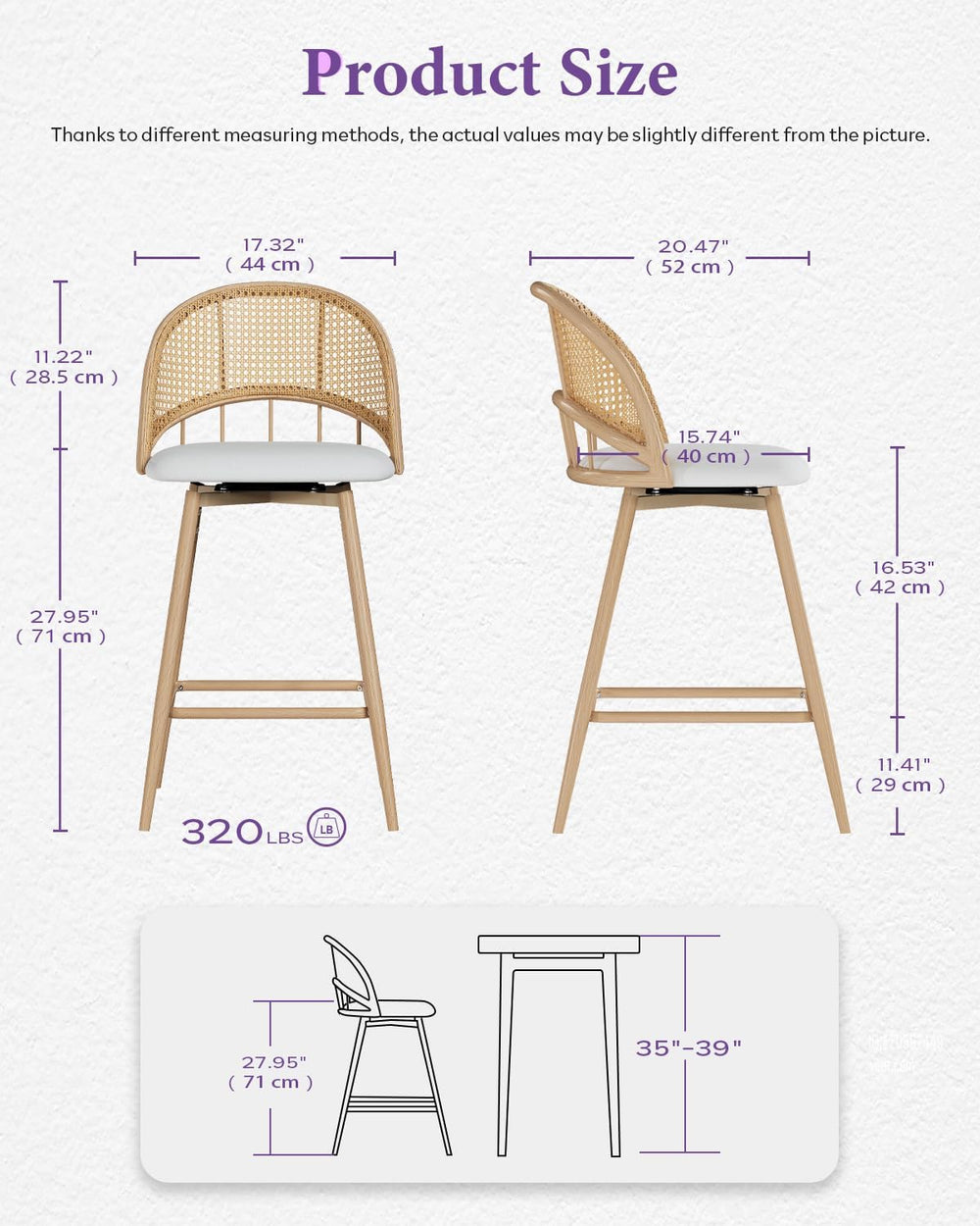 26'' Bar Stools Set of 2, Rattan Counter Height Swivel Stools for Kit...