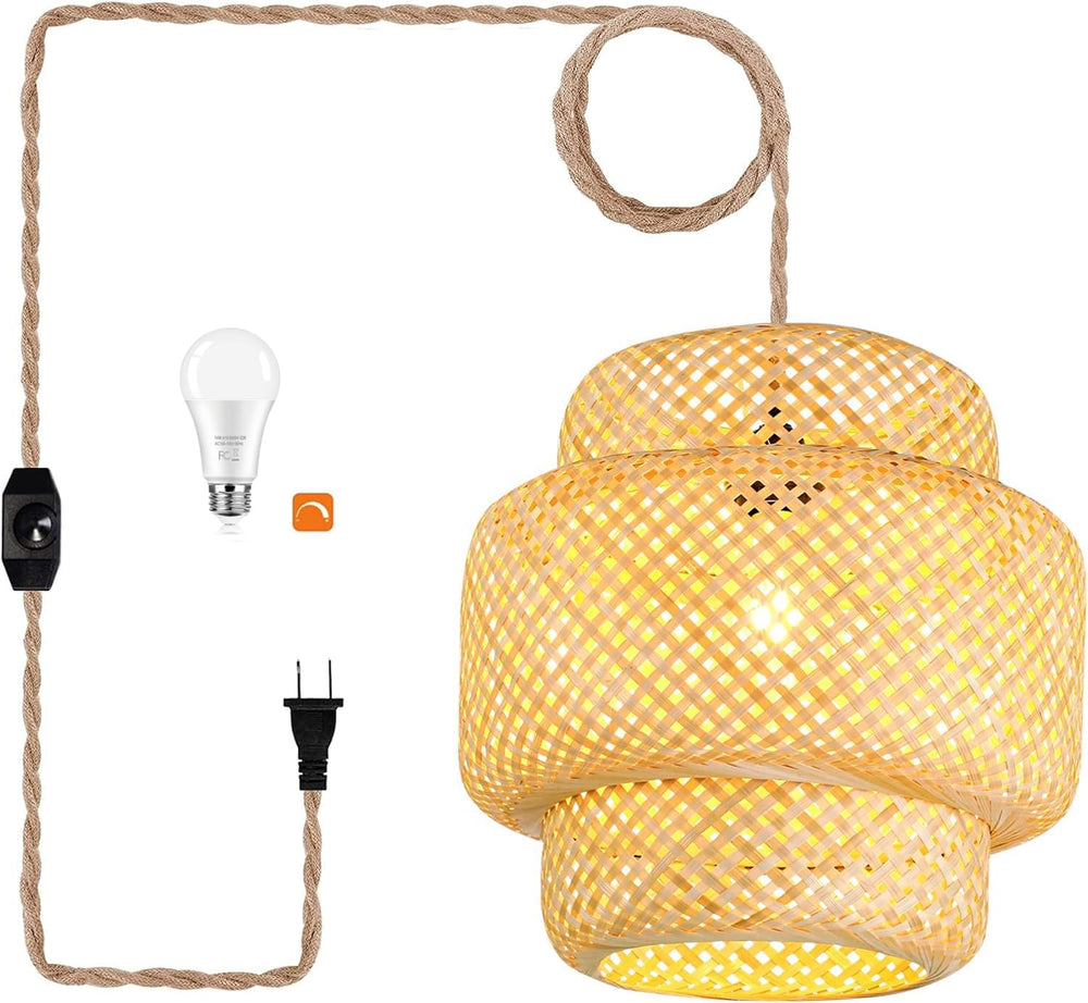 Plug in Pendant Light Rattan Hanging Lights with Plug in Cord Bamboo Hanging ...