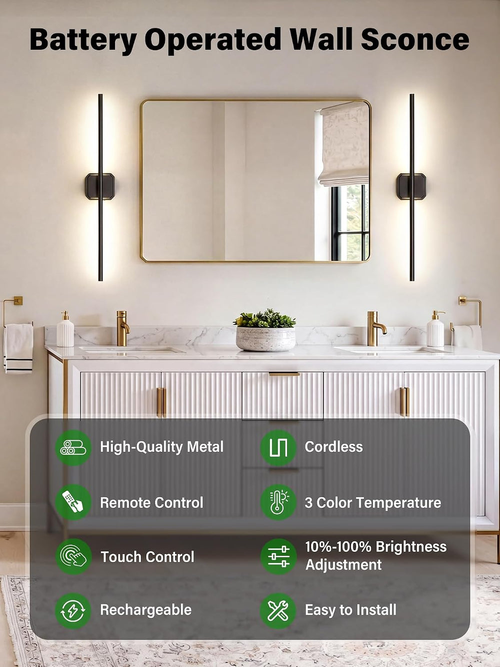 Battery Operated Wall Sconces Set of Two, Wireless Wall Lights Touch & Re...