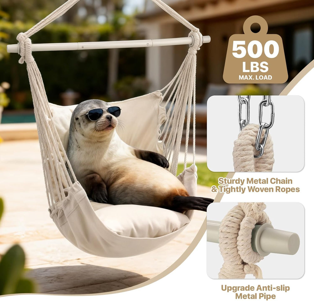 MoNiBloom Hammock Chair Hanging Rope Swing w/2 Cushions, Beige