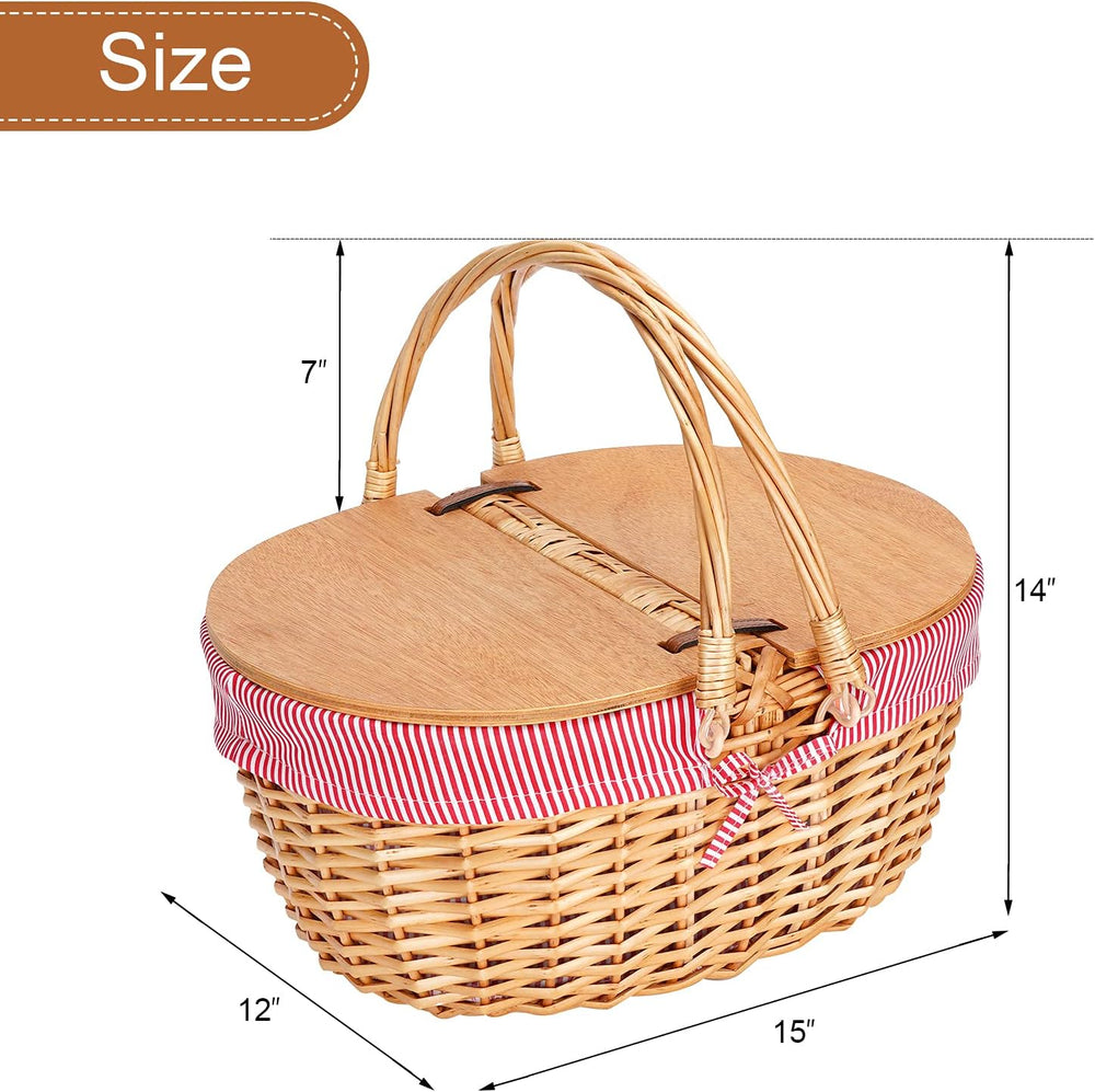 Wicker Picnic Basket with Liner, Wooden Split Lid Picnic Basket, Red