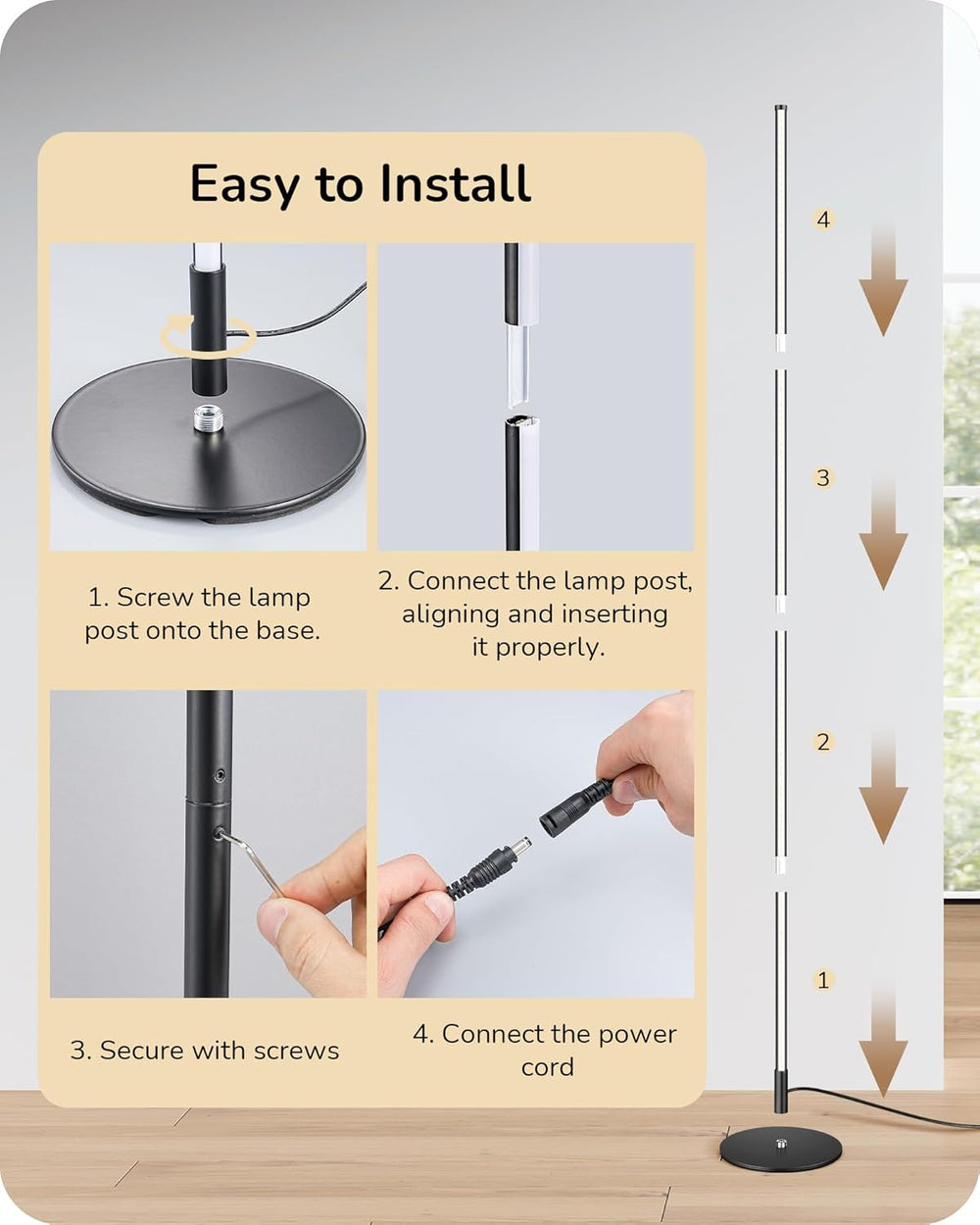 EDISHINE 59.8" Floor Lamp with Remote & 3 Height Settings, Dimmable ...