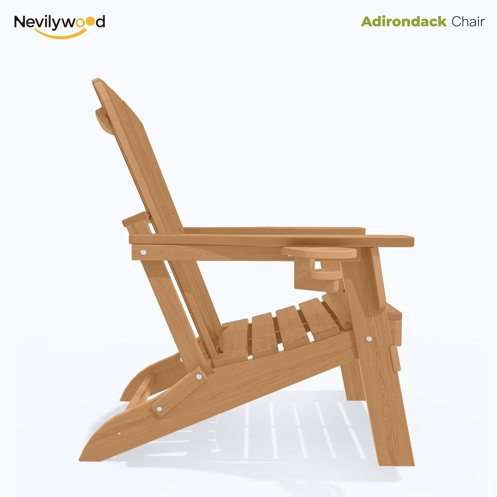 nevilywood Folding Adirondack Chairs Set of 4, HDPE Cup Holders, Teak