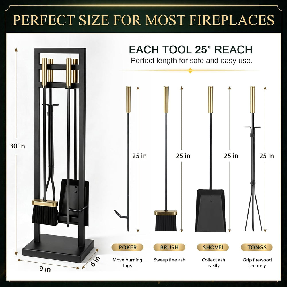 FEED GARDEN 5-Piece Fireplace Tool Set, 30" One-Piece Stand, Antique Brass