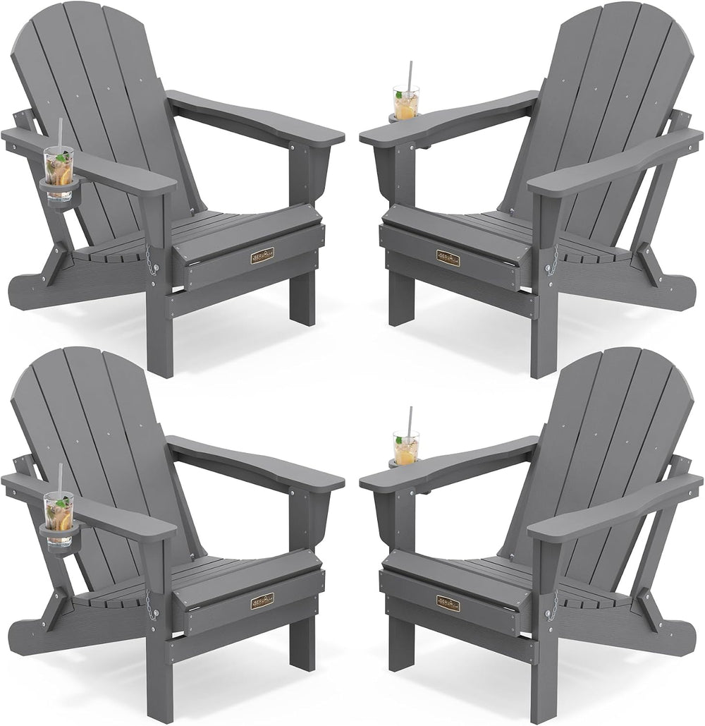 SERWALL Folding Adirondack Chair with Cup Holder Set of 4, Fire Pit - Gray
