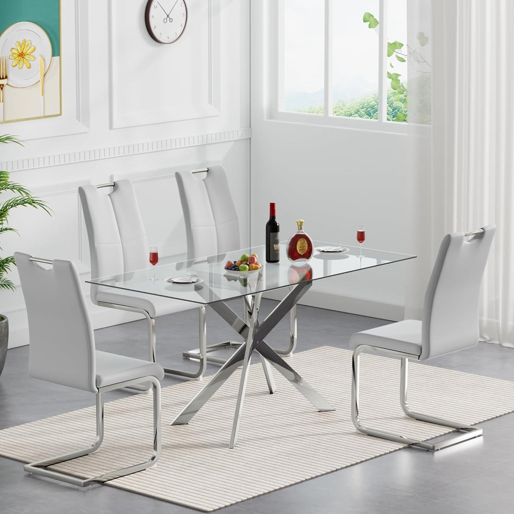 5 Piece Modern Dining Table Set of 4, 51" Tempered Glass Rectangle Dinin...