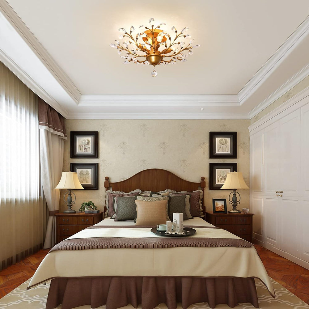 Garwarm Gold Flush Mount Chandelier, 4-Light Crystal Ceiling Light