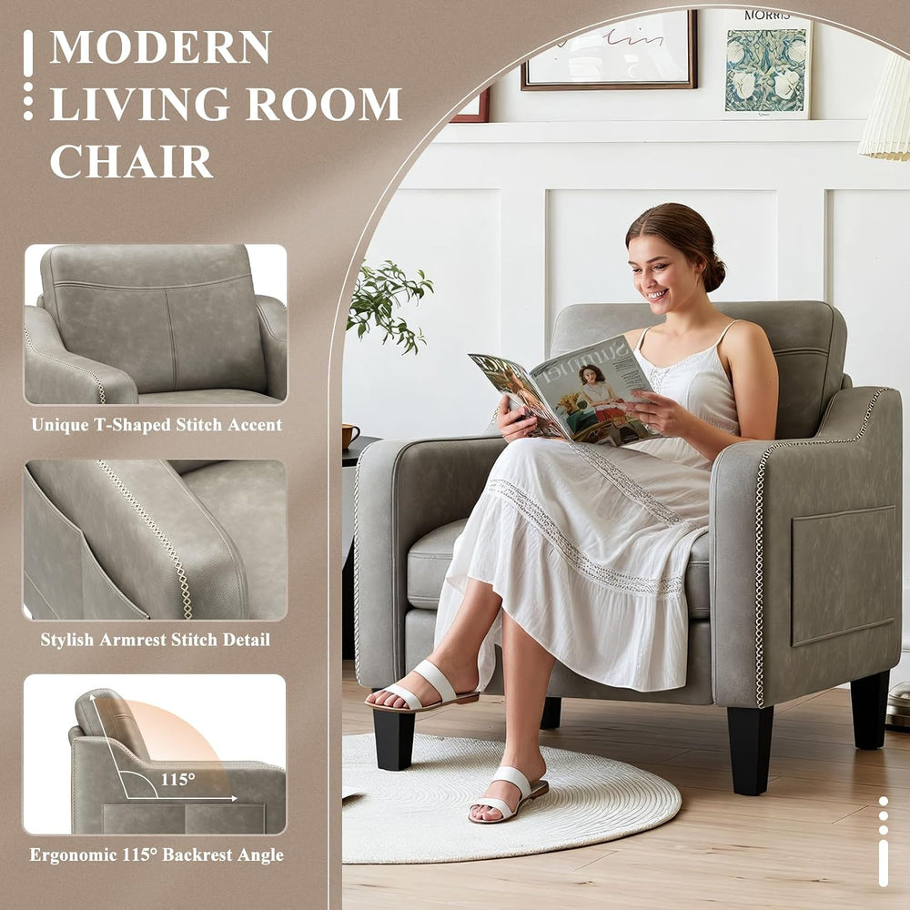 MALOL PU Leather Accent Chair, Mid-Century Modern Living Room Armchair Sofa w...