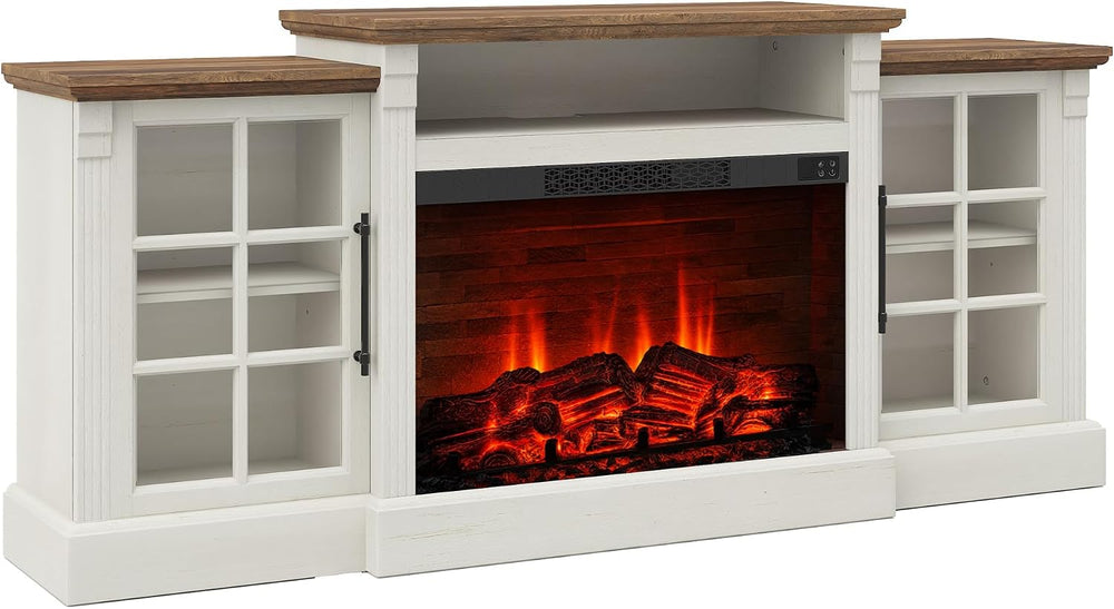 LUXOAK 70" Farmhouse TV Stand with 28" Fireplace, White Barnwood