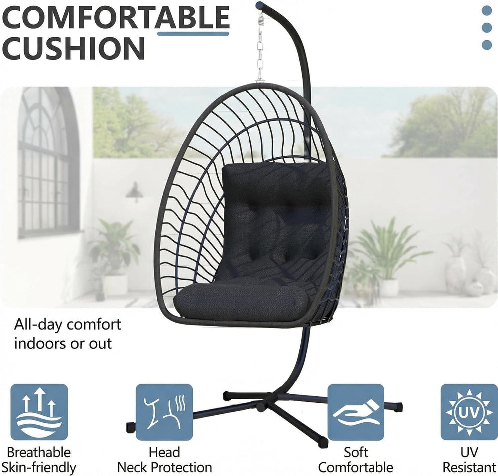 Kingdura Hanging Egg Chair with Stand Indoor Outdoor, Foldable Rattan Wicker ...
