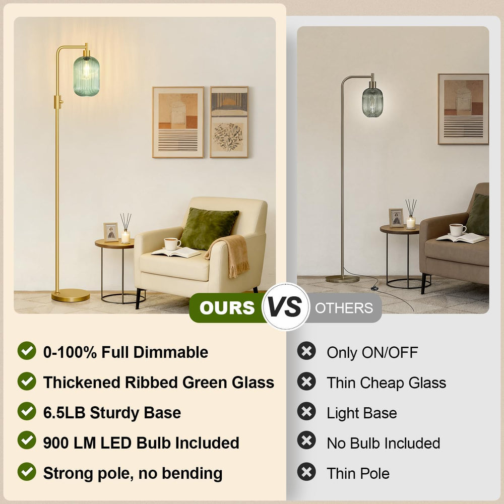 【Upgraded】 Dimmable Floor Lamp for Living Room with Green Ribbed Glass Lampsh...
