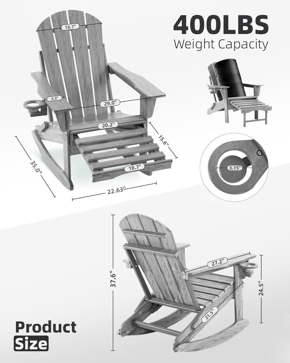 Folding Adirondack Rocking Chair Set of 4,4-in-1 Multifunctional Patio Chairs...