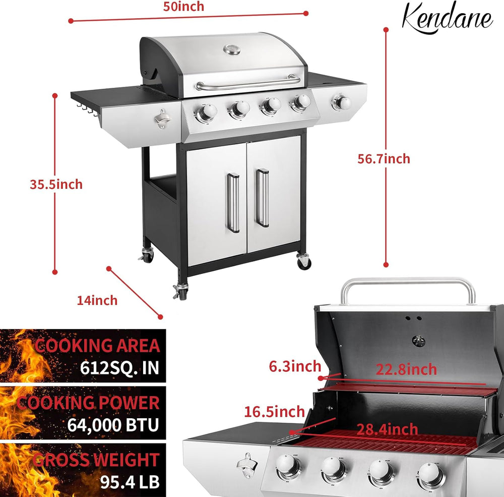 Kendane 4-Burner Propane Gas BBQ Grill with Side Burner, Barbecue Gas Grill w...