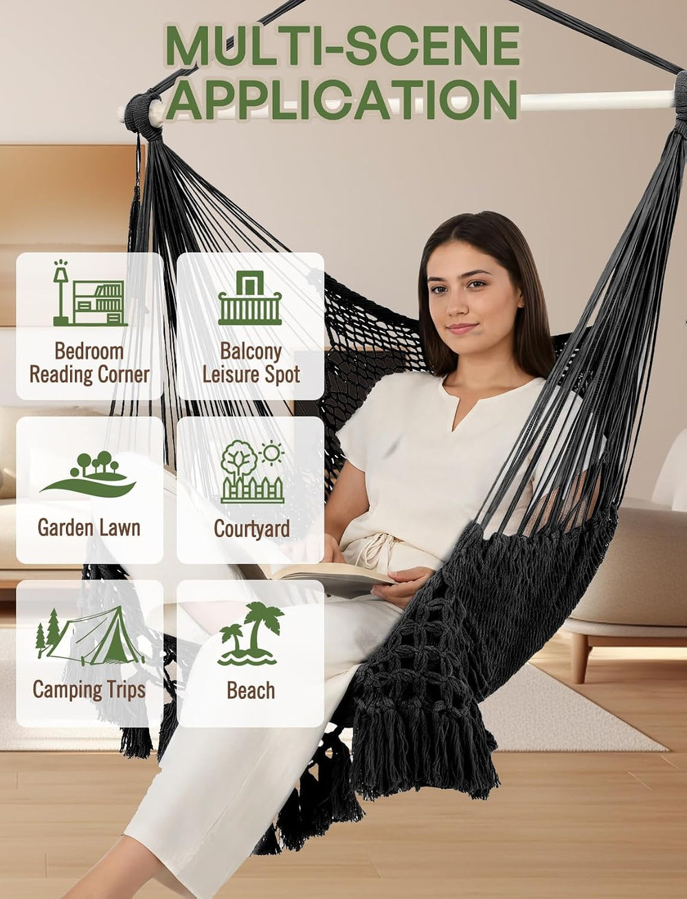 Chihee Hammock Chair Handmade Woven Mesh Hanging Seat Metal Spreader Bar