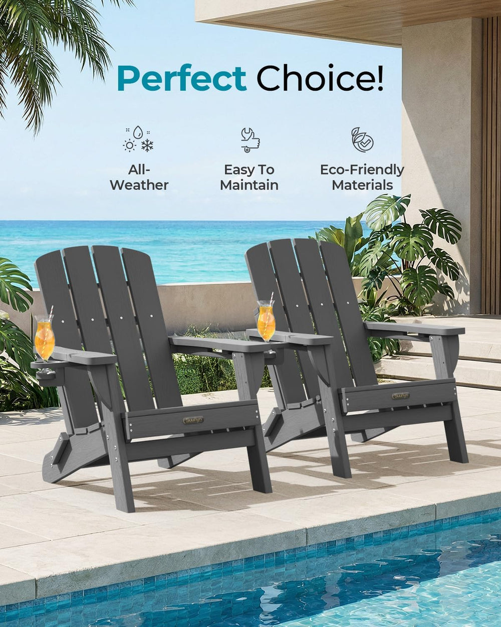 Folding Adirondack Chair Set of 4, HDPE Adirondack Chairs with 2 Cup Holder, ...