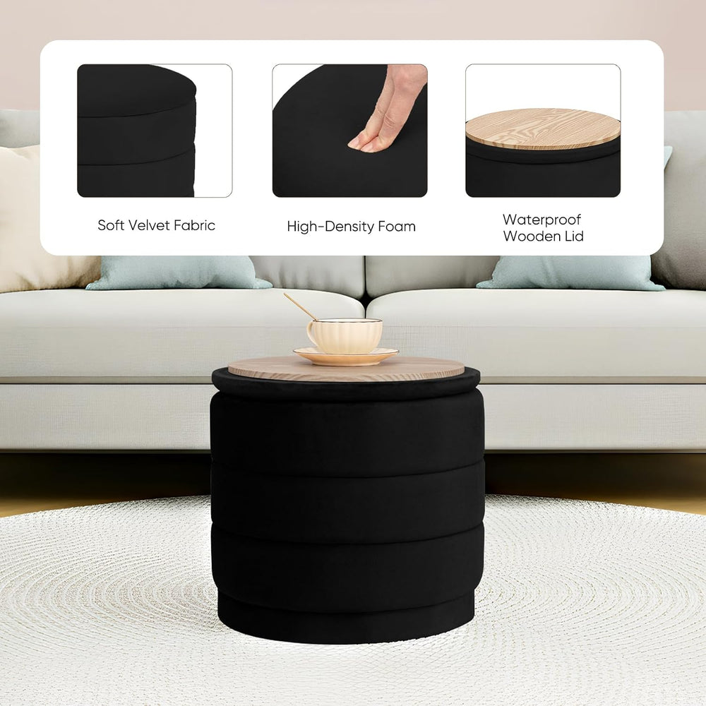 15.4" Round Velvet Storage Ottoman with Reversible Lid, Upholstered Circ...