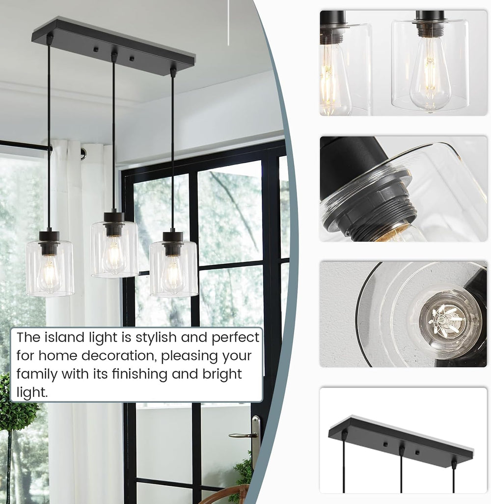 3-Light Black Pendant Light Kitchen Island Dinning Room