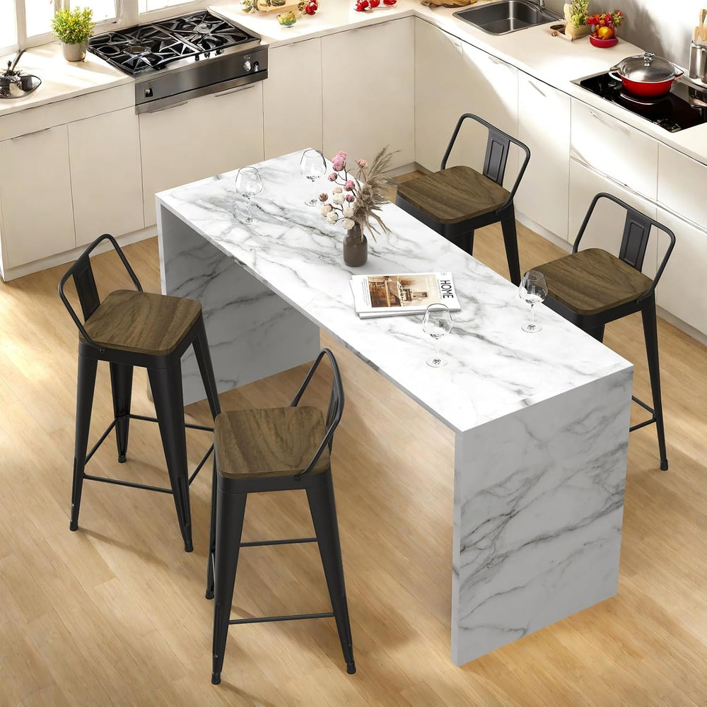 Black Bar Stools Set of 4, Metal Bar Stools with Wooden Seat, Modern 24”Count...