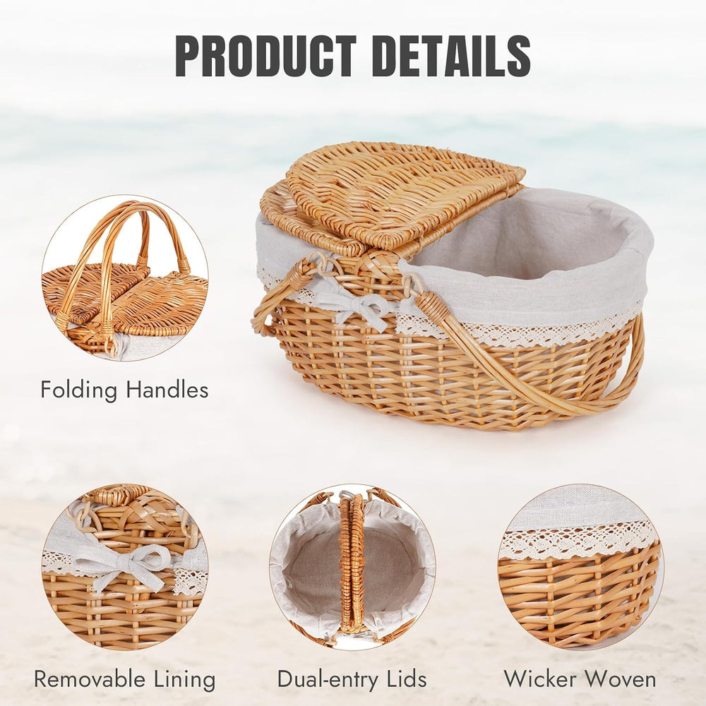 HappyPicnic Wicker Picnic Basket with Handle & Lid, 15" Vintage Hand...