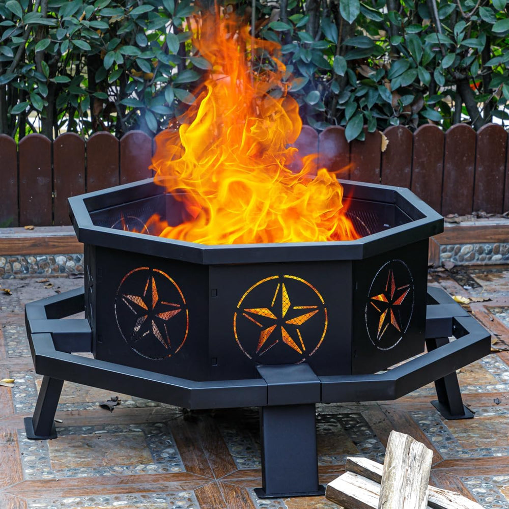 Verdeluxe Outdoor Octagonal Fire Pit 35 Inch Wood Burning Black