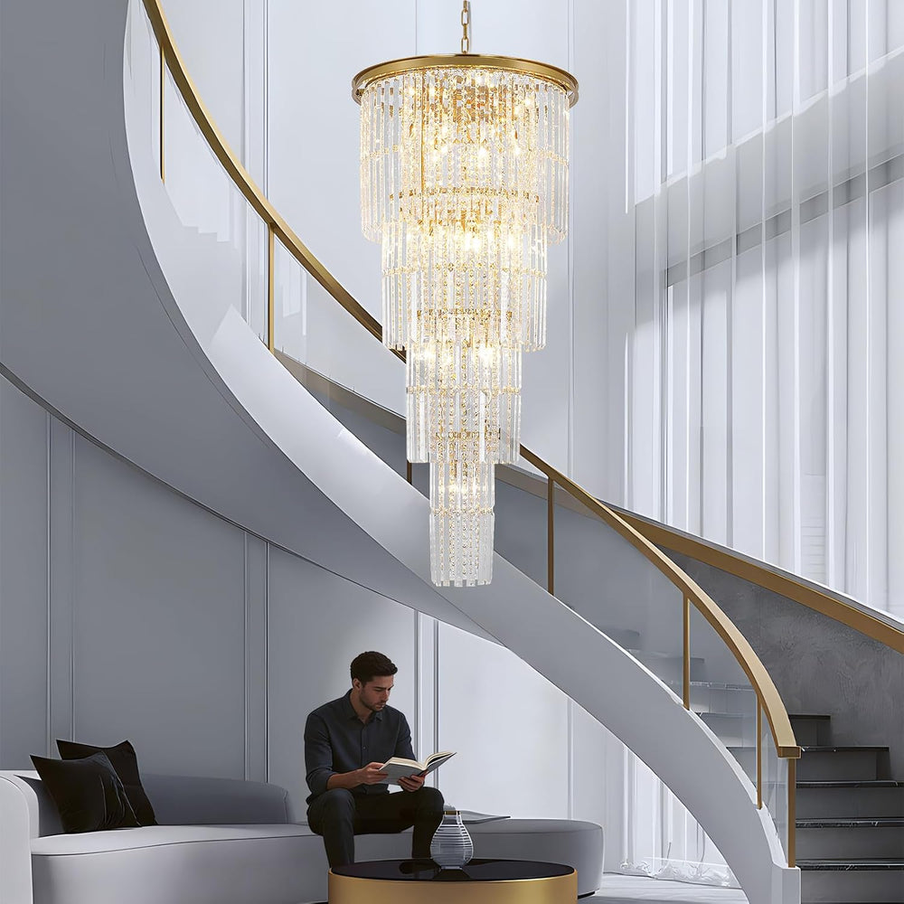Gold Long Crystal Chandelier for High Ceiling, H49 inch Modern Large Chandeli...