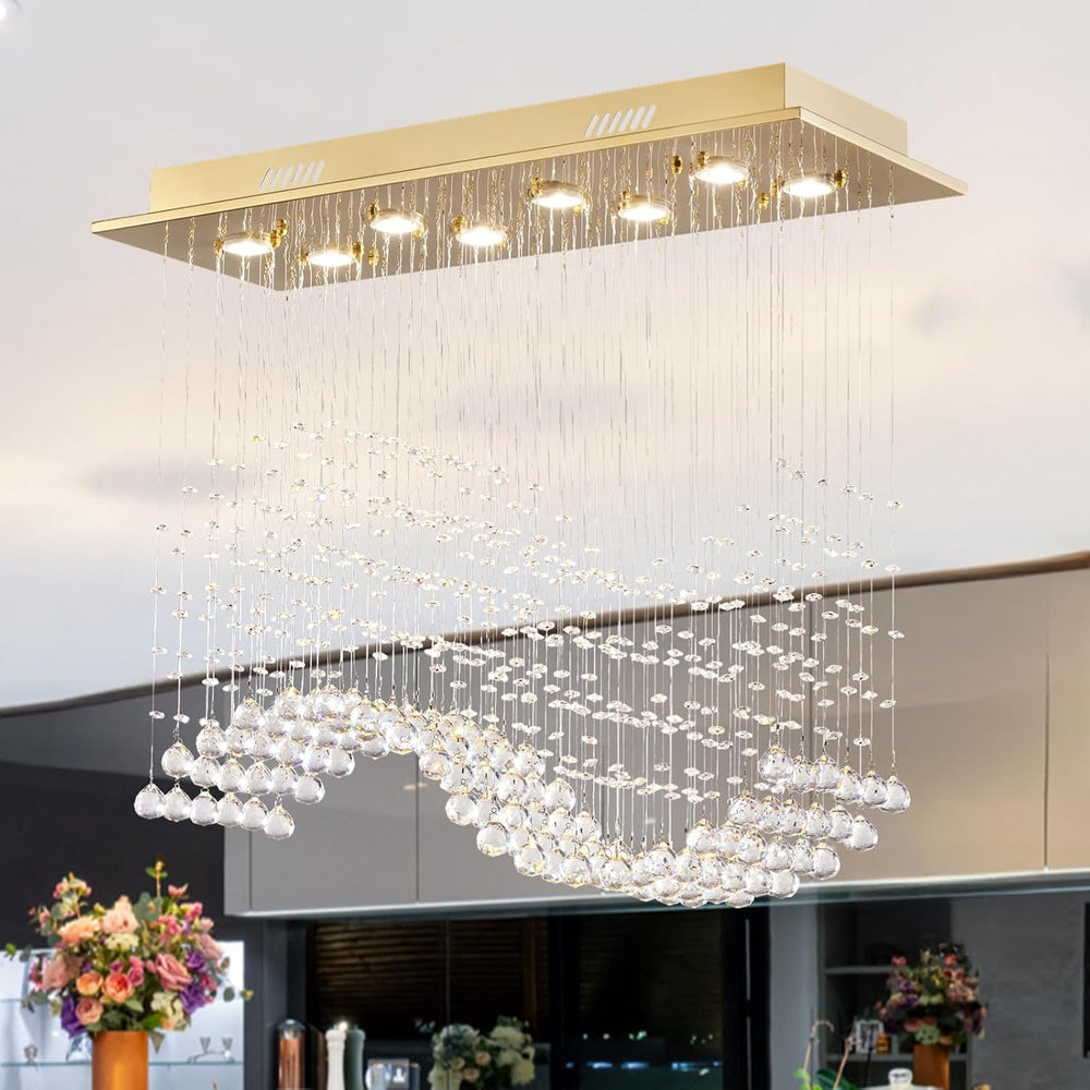 Siljoy Rectangular Gold Crystal Chandelier for Dining Room, 8-Light Modern Wa...