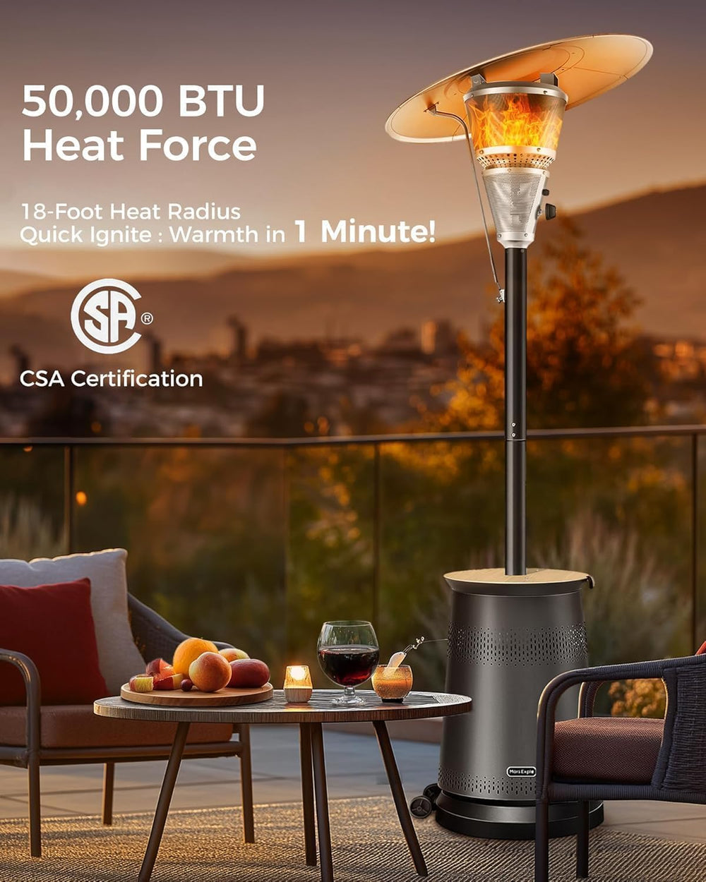 50,000 BTU Patio Heater for Outdoor Use With Adjustable Heat Focusing Top, Po...