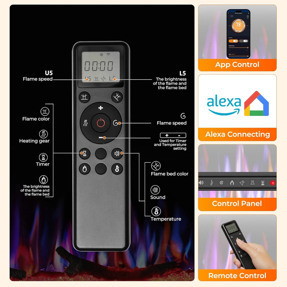 R.W.FLAME 50" Recessed and Wall Mounted Smart Electric Fireplace, Alexa/...