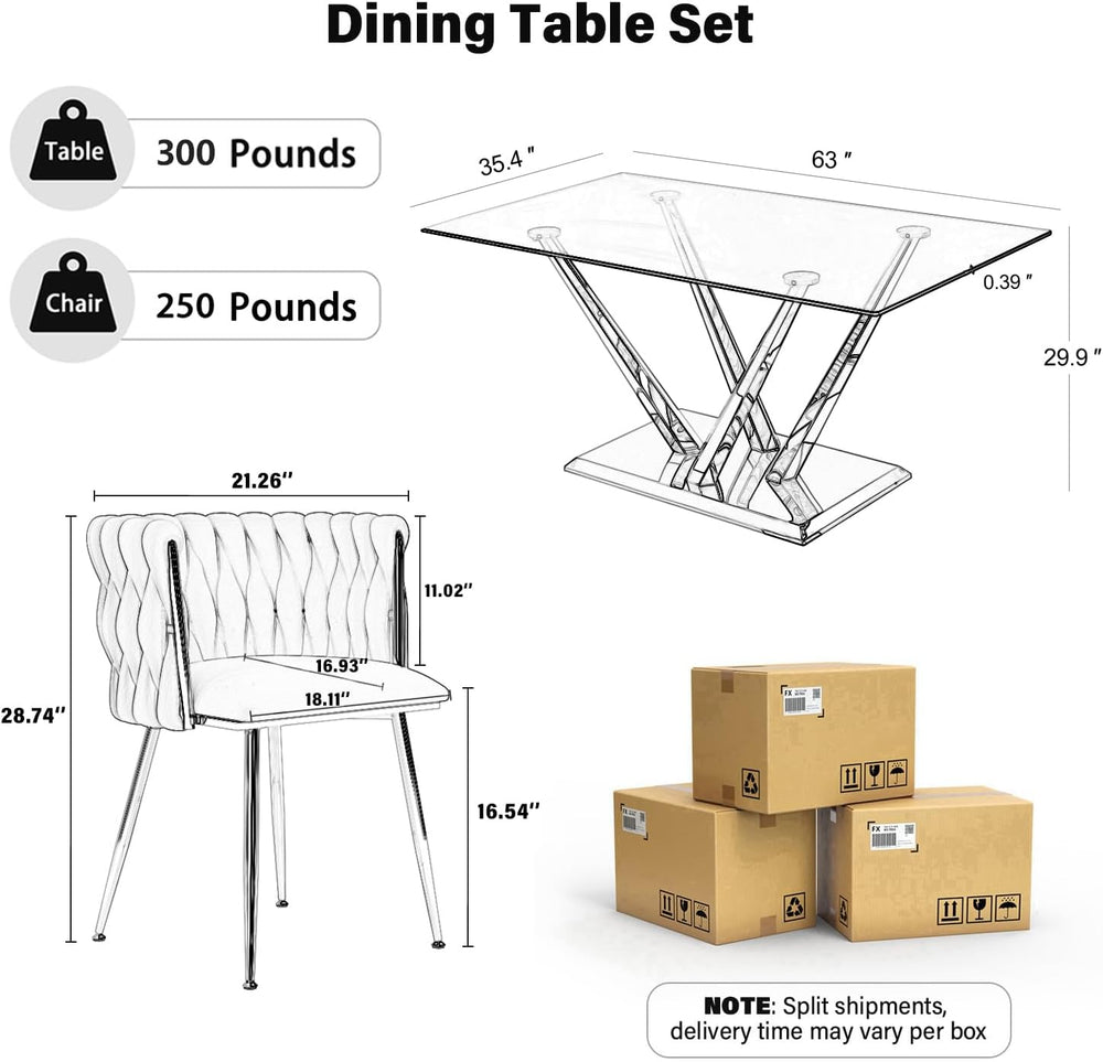 Modern Glass Dining Table Set for 6, 63'' Rectangular Tempered Tablet...
