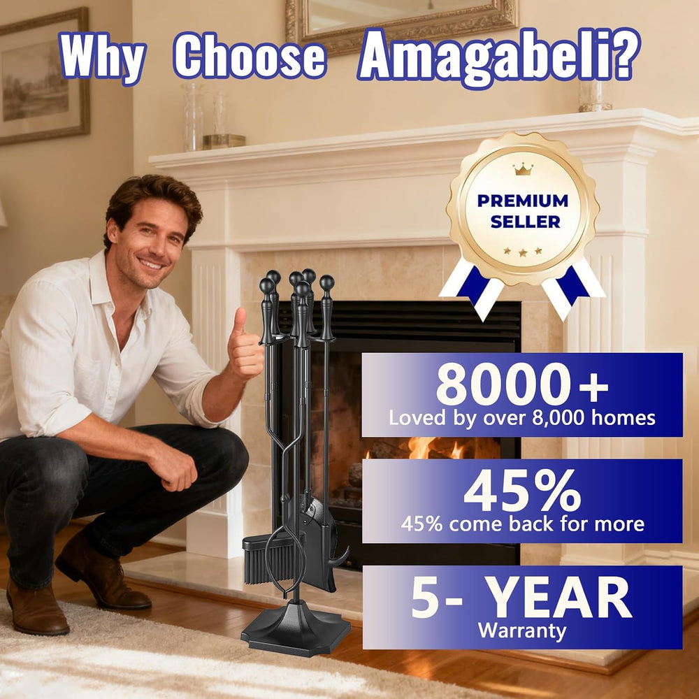 AMAGABELI Garden & Home 5 Pcs Fireplace Tools Set 31 Inch Indoor Black Ha...