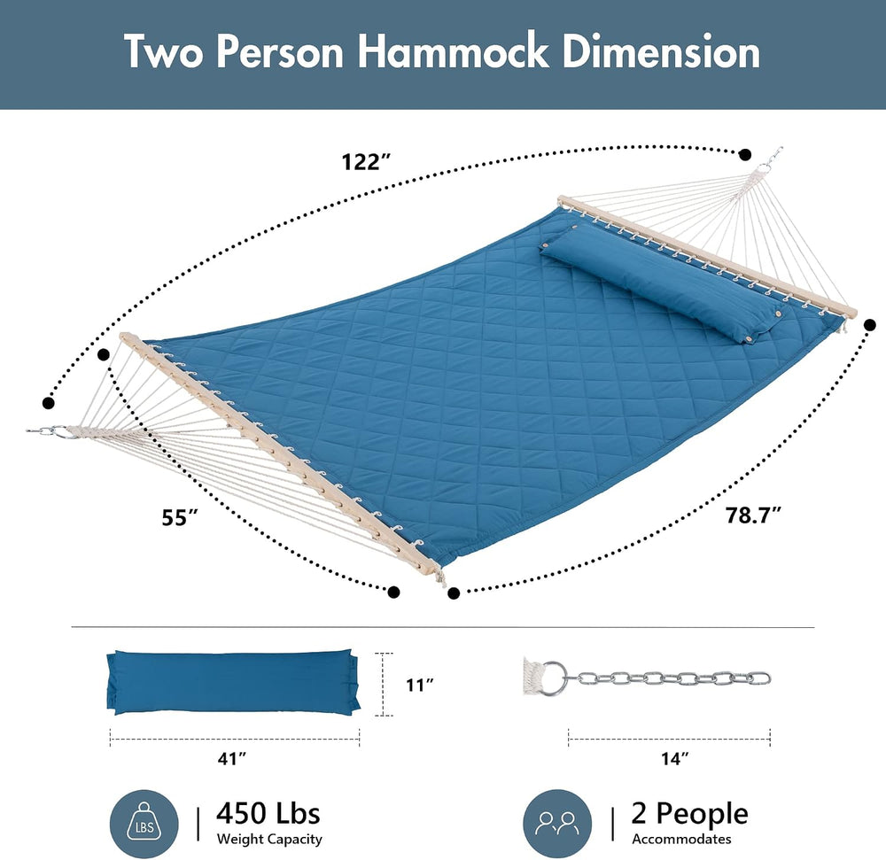 ANOW Two Person Hammock with Spreader Bars and Detachable Pillow, Blue