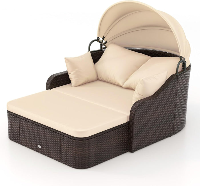 Tangkula PE Rattan Patio Daybed with Retractable Canopy, Double Lounge Bed with Soft Cushions and Extra Pillows, Outdoor Sectional Seating Conversation Sofa for Backyard, Porch and Poolside (Beige)