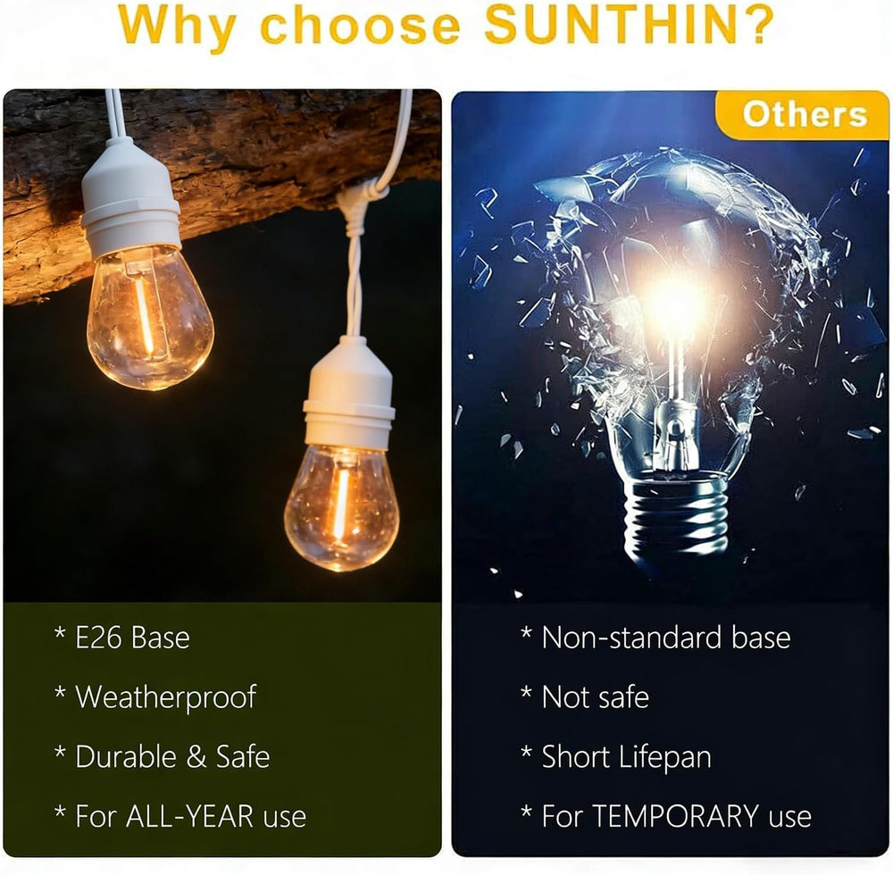 SUNTHIN 105FT White Outdoor String Lights, 34 1W LED Bulbs