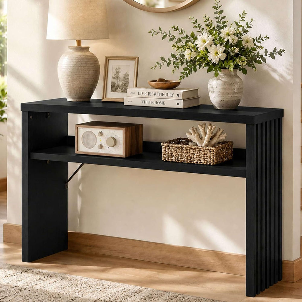 BON AUGURE Black Console Table, 47In Entryway Table with Fluted Open Shelf