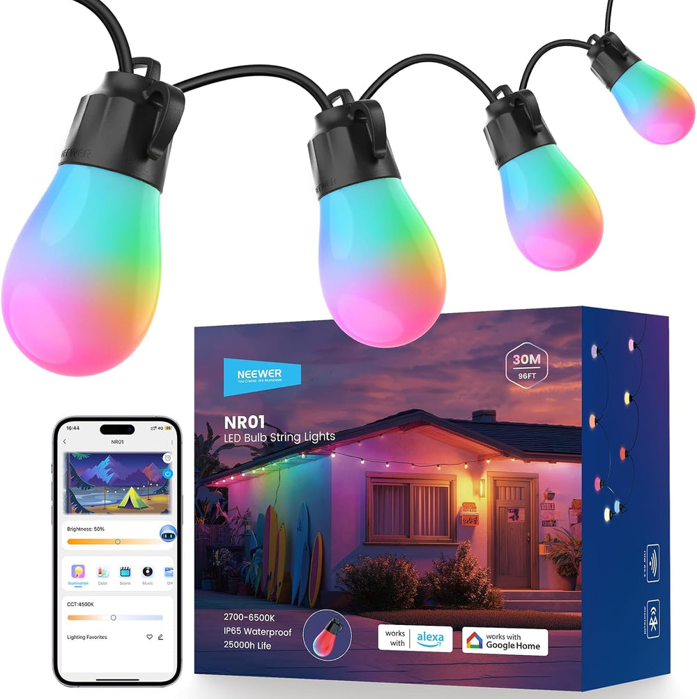 NEEWER 96ft Outdoor String Lights, App Control Smart AI RGB IC W Hanging Outs...