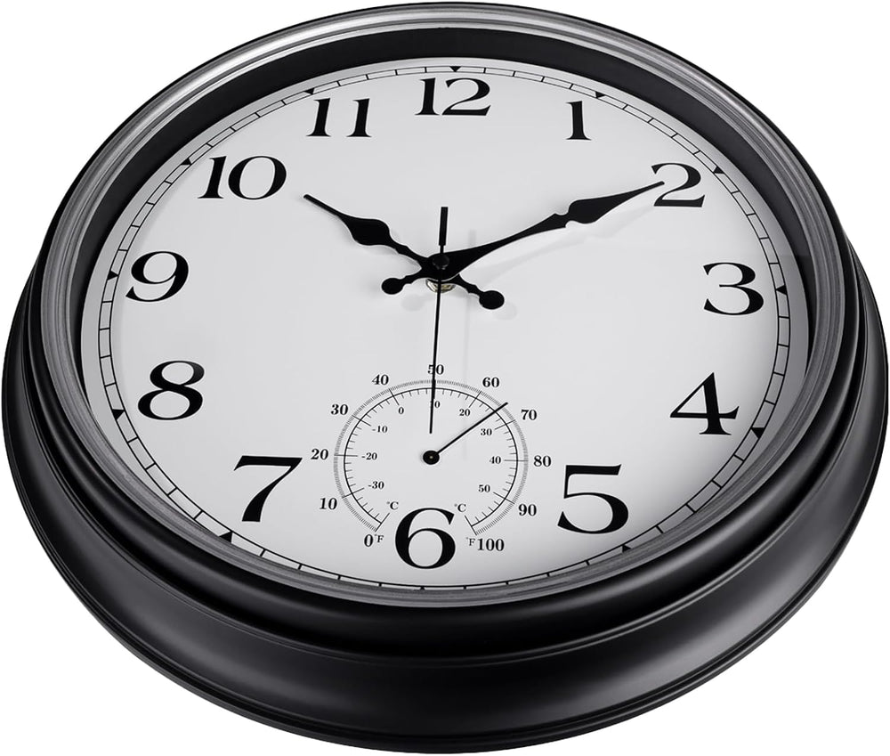 JoFomp Large Waterproof Outdoor Clock with Thermometer Combo - 16 inch Silent...