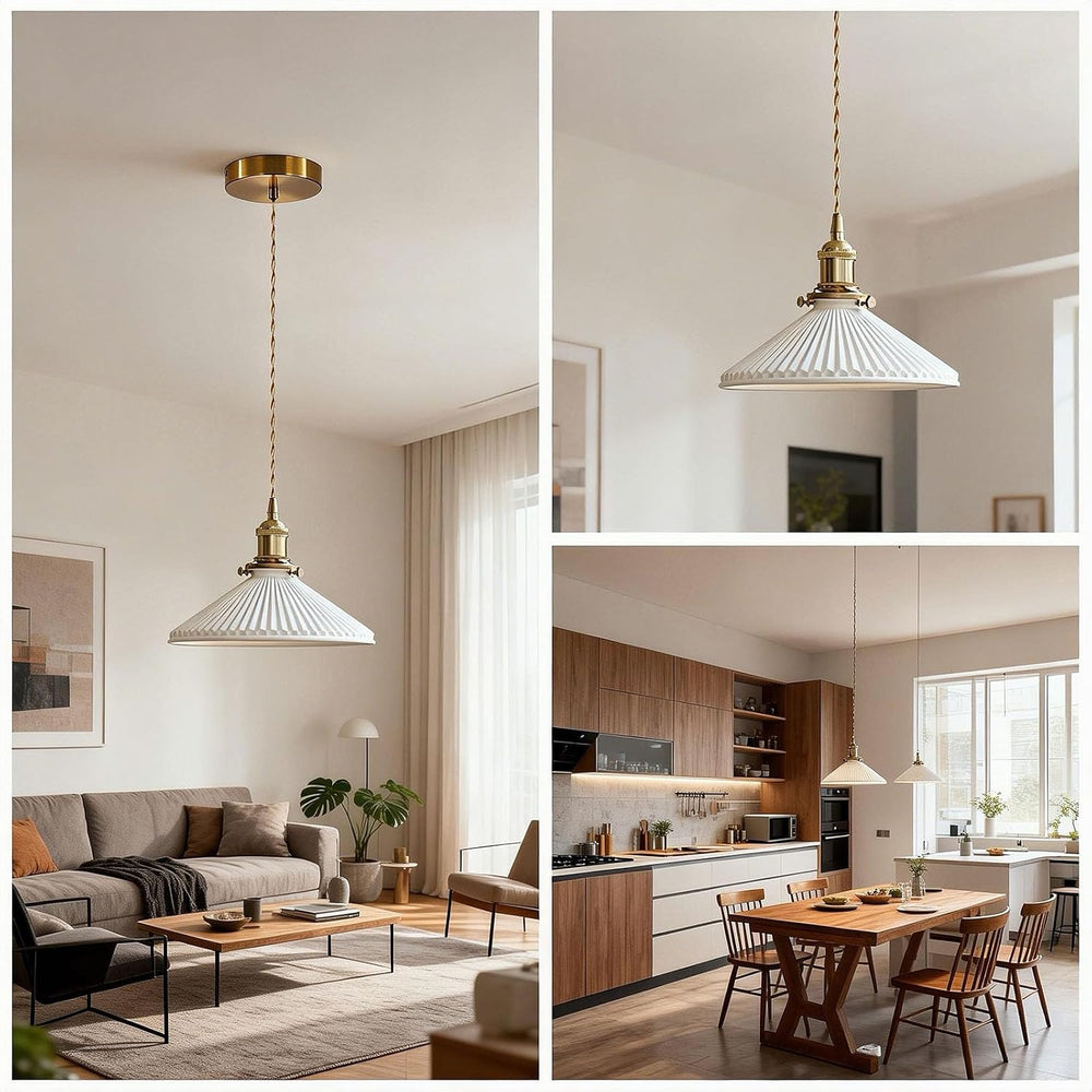 Small Ceramic Pendant Light, Farmhouse Pleated Shade with Brass Socket, Vinta...