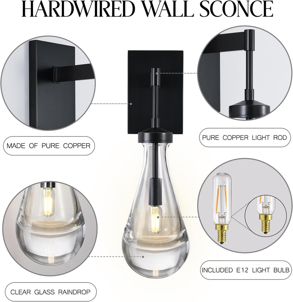 Wall Sconces Set of Two, Black Dimmable Raindrop Wall Lighting, Modern Bathro...