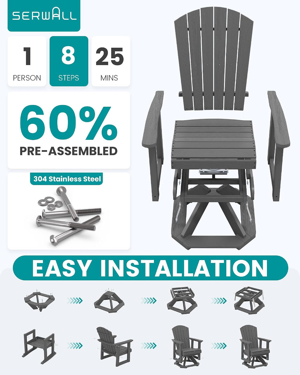 SERWALL Adirondack Swivel Glider Chair, HDPE Glider Set of 4 for Outdoor, All...