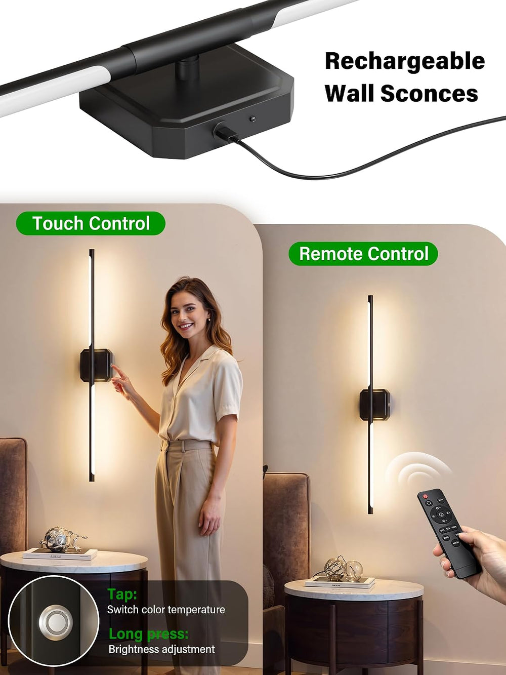 Battery Operated Wall Sconces Set of Two, Wireless Wall Lights Touch & Re...
