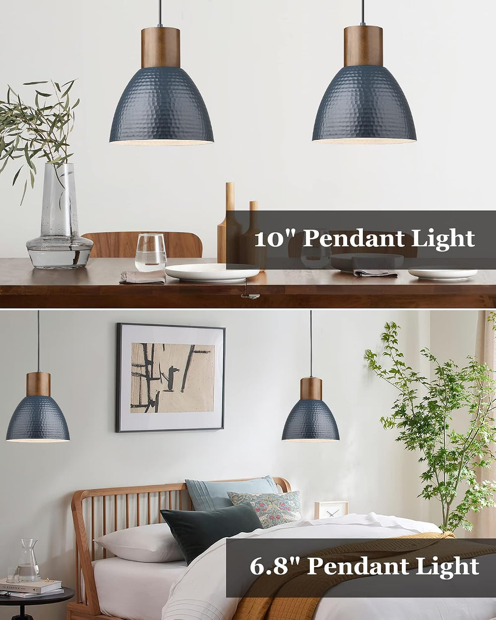 ELYONA 2 Pack Modern Hammered Pendant Lights 10.2” Blue Solid Wood Hanging La...