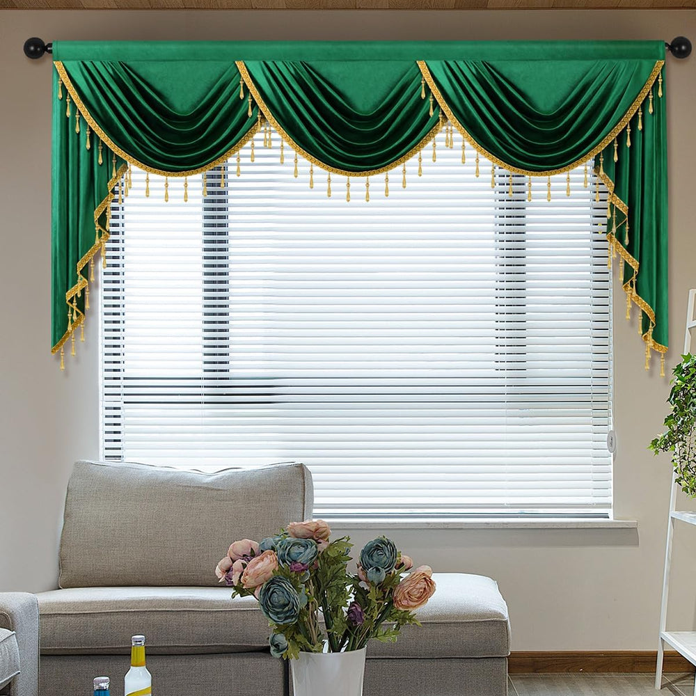 ELKCA Luxury Dark Green Velvet Curtain Valances for Living Room with Beads(98...