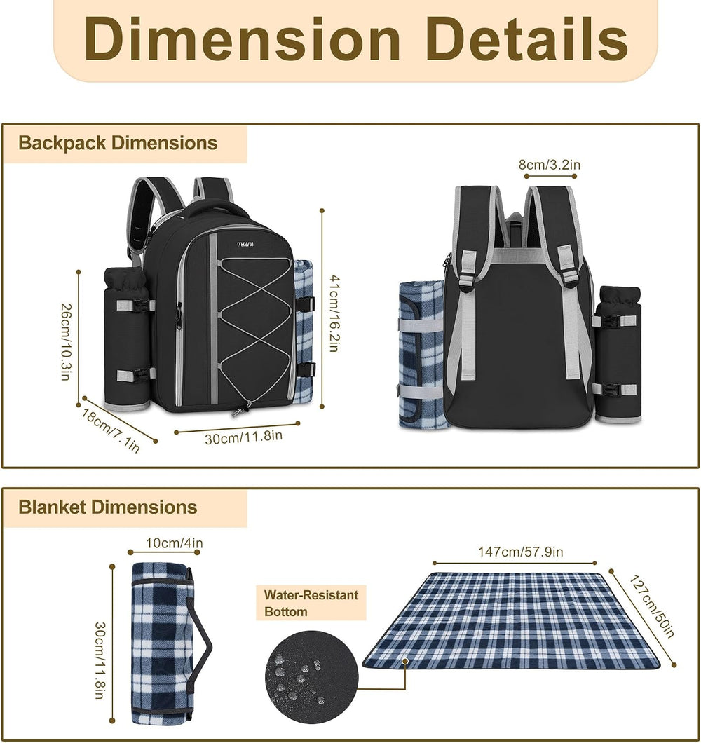 Picnic Backpack for 4 Persons with Insulated Leakproof Cooler Compartment, Cu...