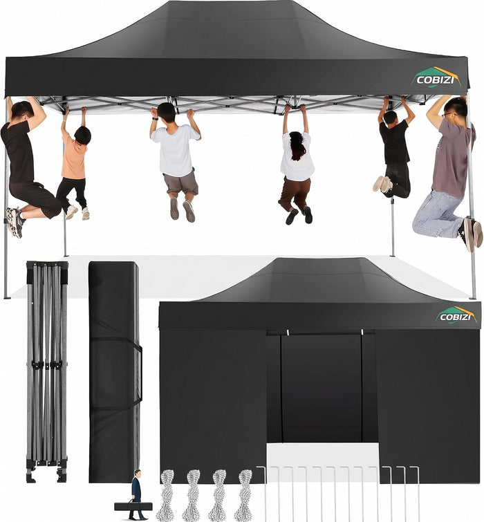 COBIZI 10x15 Pop Up Canopy Tent,Heavy Duty Canopy(Black with 4 Sidewalls)