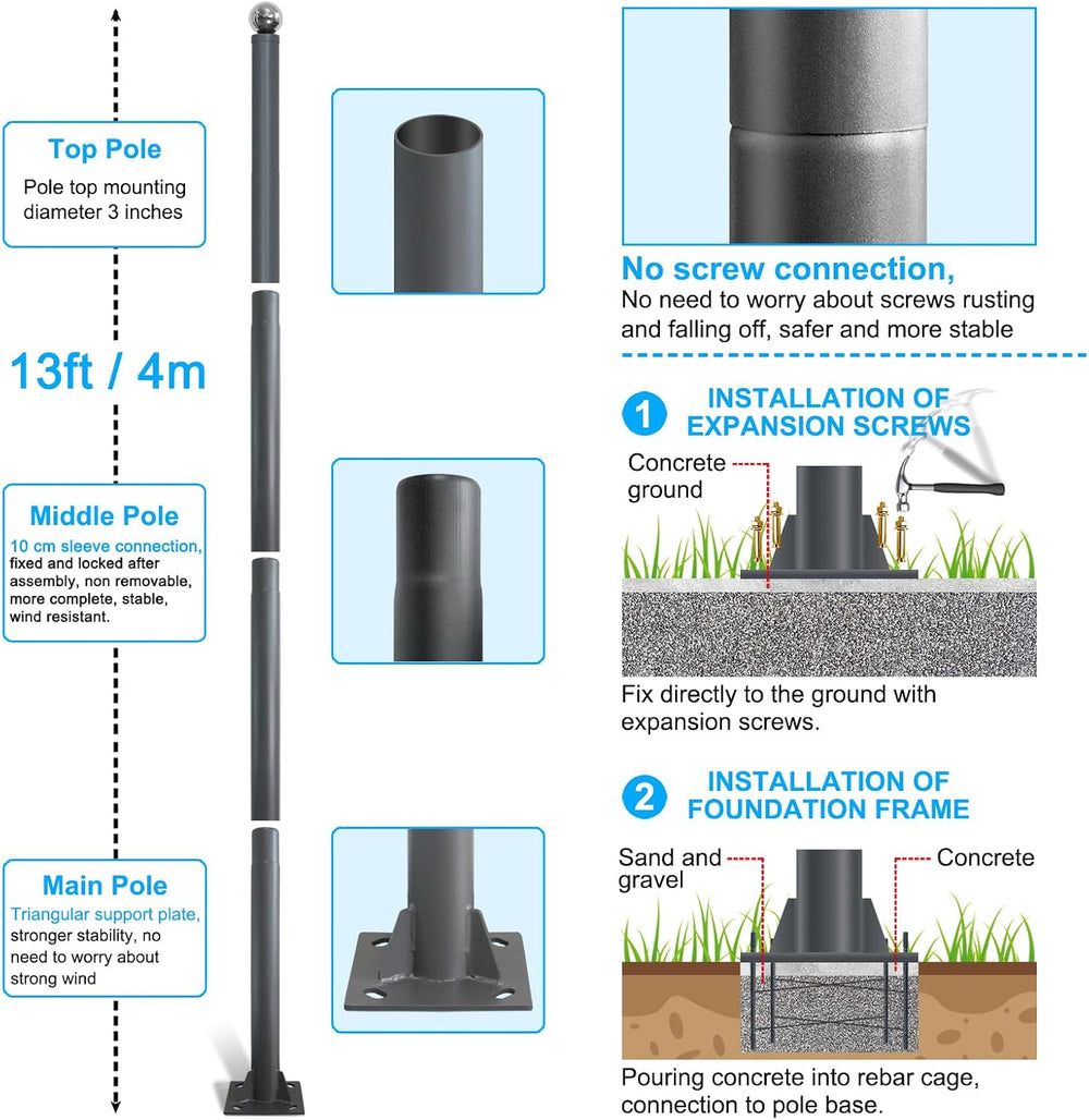 Street Light Pole 13ft Tall, Gray Outdoor Galvanized Heavy-duty Metal Solar S...