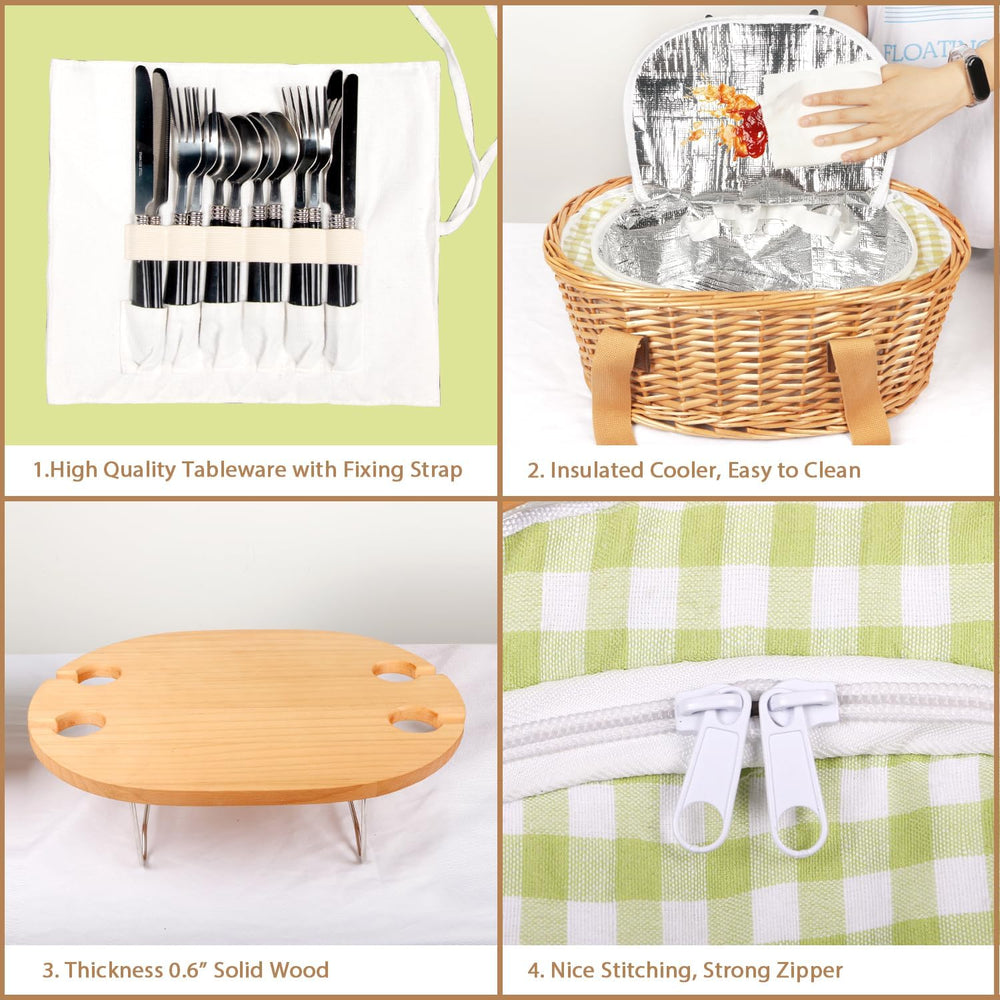 Hap Tim Wicker Picnic Basket Set for 4 with Mini Folding Wine Picnic Table &a...