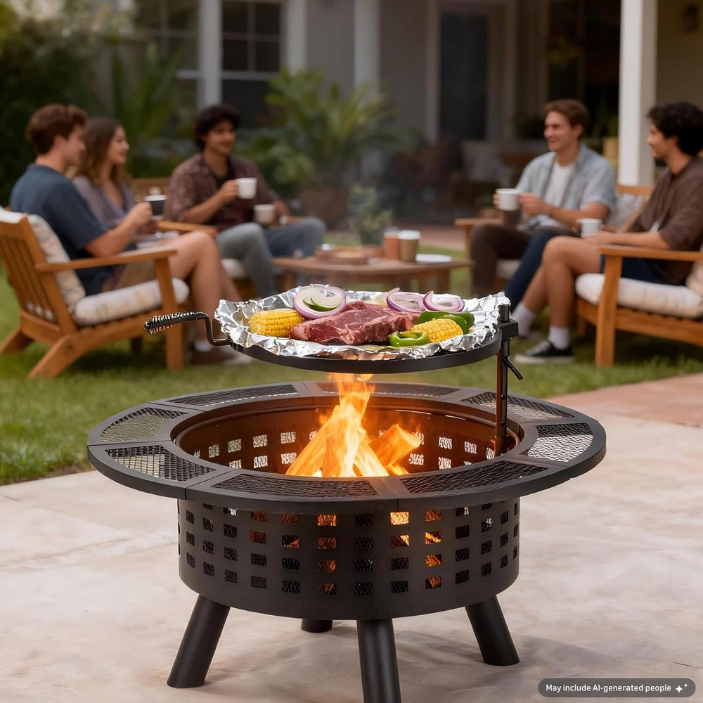 Verdeluxe 36 inch Outdoor Fire Pit with Cooking Grate 3-in-1 Fire Pit Table