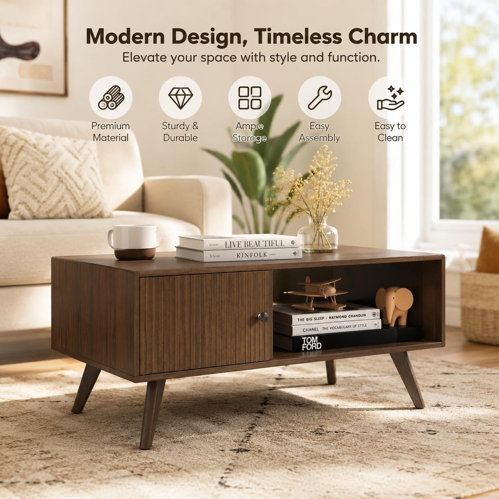 Manora Mid Century Modern Coffee Table with Storage Cabinet and Open Shelf, W...